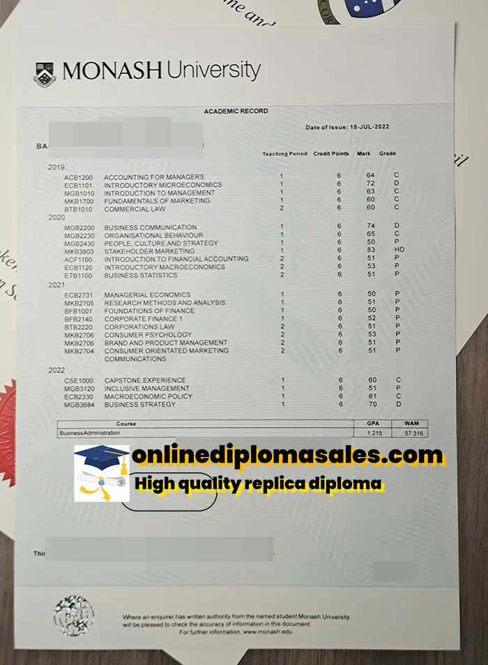 fake Monash University transcript