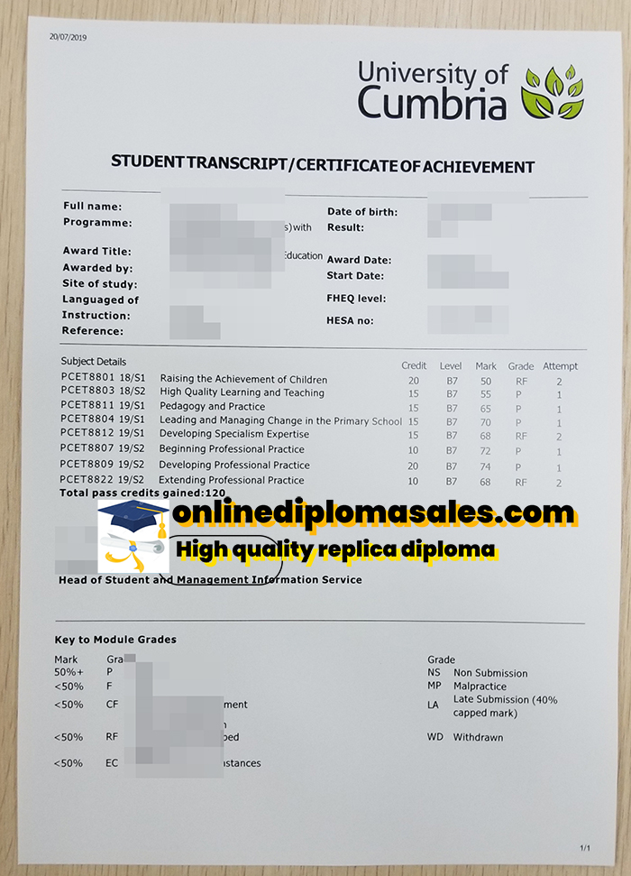 Where to buy University of Cumbria fake transcript.