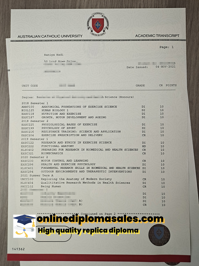 Australian Catholic University transcript